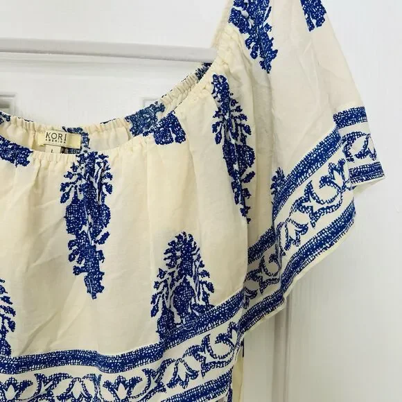 Kori America Blue & Ivory Feather Boho Ruffly Off Shoulder Romper Size Large - Picture 5 of 9